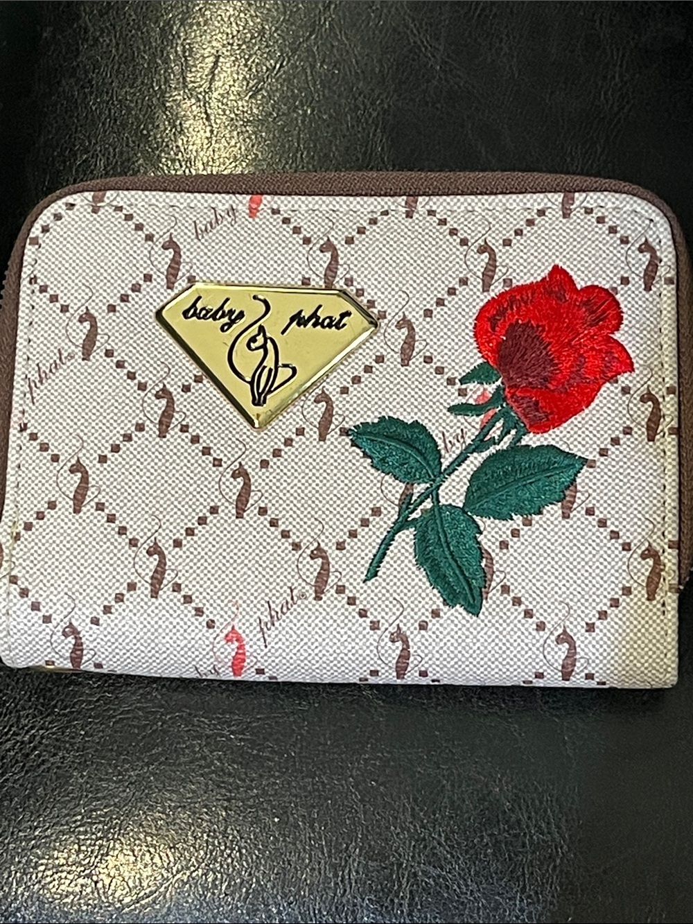Baby Phat Y2K Cream Wallet with Red Rose Embroidery and Gold Logo Double Zip